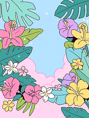 JPG 꽃 백그라운드 잎 일러스트 사람없음 여름 반짝임 컬러풀 열대식물 몬스테라 생동감 트로피컬아트 국내일러스트 AI일러스트 AI콘텐츠 식물 계절 컬러 모션 그림 파일형식