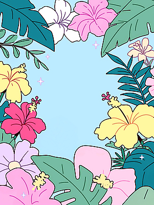 JPG 꽃 백그라운드 잎 일러스트 프레임 사람없음 여름 컬러풀 열대식물 몬스테라 생동감 트로피컬아트 국내일러스트 AI일러스트 AI콘텐츠 식물 계절 컬러 그림 파일형식