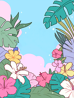 JPG 꽃 백그라운드 잎 일러스트 사람없음 여름 반짝임 컬러풀 열대식물 몬스테라 생동감 트로피컬아트 국내일러스트 AI일러스트 AI콘텐츠 식물 계절 컬러 모션 그림 파일형식