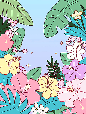 JPG 꽃 백그라운드 잎 일러스트 사람없음 여름 반짝임 컬러풀 열대식물 몬스테라 생동감 트로피컬아트 국내일러스트 AI일러스트 AI콘텐츠 식물 계절 컬러 모션 그림 파일형식