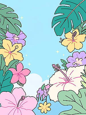 JPG 꽃 백그라운드 잎 일러스트 사람없음 여름 반짝임 컬러풀 열대식물 몬스테라 생동감 트로피컬아트 국내일러스트 AI일러스트 AI콘텐츠 식물 계절 컬러 모션 그림 파일형식