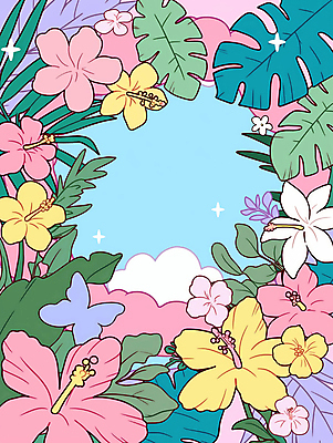 JPG 꽃 백그라운드 잎 일러스트 프레임 사람없음 여름 반짝임 컬러풀 열대식물 몬스테라 생동감 트로피컬아트 국내일러스트 AI일러스트 AI콘텐츠 식물 계절 컬러 모션 그림 파일형식