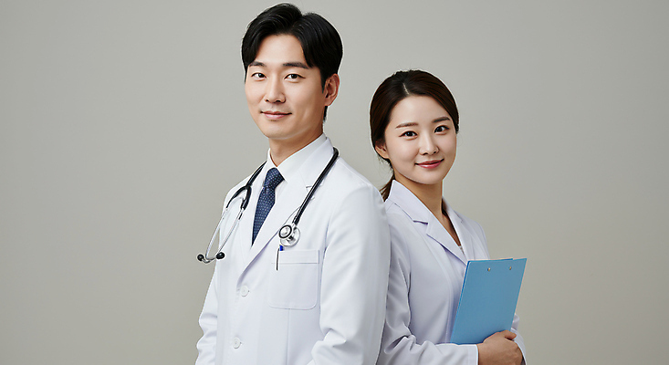 JPG 편집이미지 여자 남자 청진기 병원 미소 들기 상반신 성인 두명 의사가운 서류판 차트보드 의료성형뷰티 성인만 편집실사 IC큐레이션 AI인물포토 AI콘텐츠 의학 의료기기 모션 표정 사람 사무용품 의사 가운 CG 파일형식 AI포토