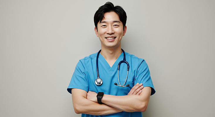 JPG 편집이미지 남자 청진기 병원 한명 미소 상반신 성인 팔짱 의사 의료성형뷰티 성인남자한명만 애플워치 편집실사 IC큐레이션 AI인물포토 AI콘텐츠 1 의학 의료기기 모션 표정 사람 의료진 CG 스마트워치 남자한명만 성인남자만 파일형식 AI포토