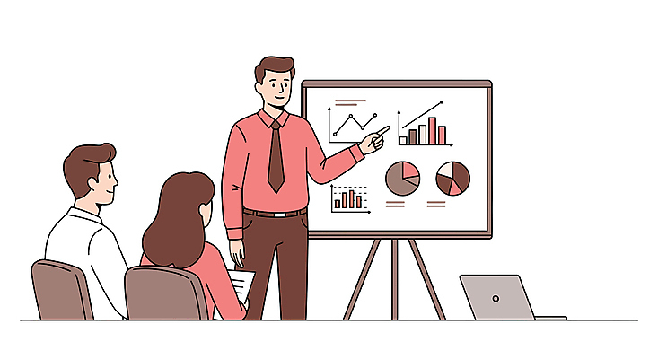 여자 남자 분홍색 의자 일러스트 회사 비즈니스 들기 앉기 정장 성인 세명 노트북 가리킴 직장인 발표 프레젠테이션 막대그래프 원그래프 꺾은선그래프 성인만 국내일러스트 AI파일 직업 옷 컬러 가구 모션 그래프 사람 손짓 전자제품 파일형식 벡터