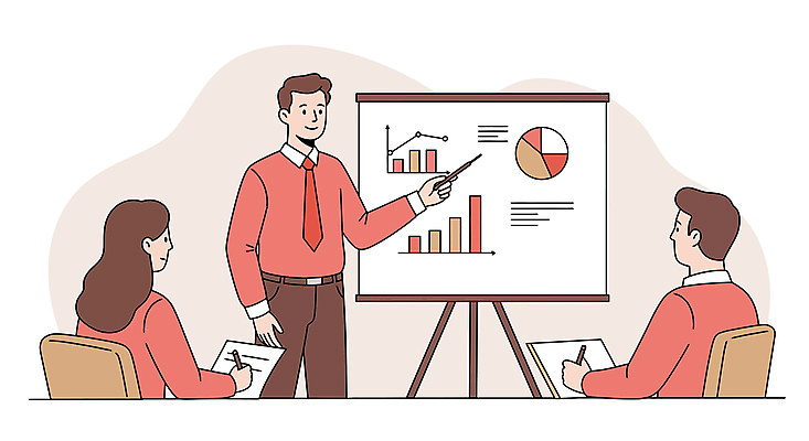 여자 남자 분홍색 의자 일러스트 회사 비즈니스 앉기 정장 성인 세명 가리킴 기록 직장인 발표 프레젠테이션 막대그래프 원그래프 지시봉 꺾은선그래프 성인만 국내일러스트 AI파일 직업 옷 컬러 가구 모션 그래프 사람 손짓 파일형식 벡터