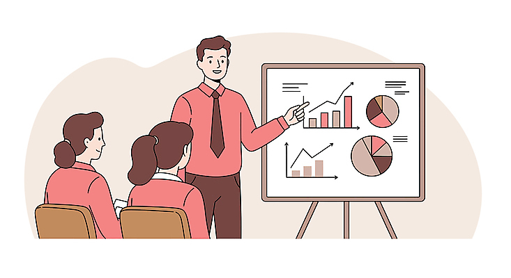 여자 남자 분홍색 의자 일러스트 회사 비즈니스 앉기 정장 성인 세명 가리킴 직장인 발표 막대기 프레젠테이션 막대그래프 원그래프 꺾은선그래프 성인만 국내일러스트 AI파일 직업 옷 컬러 가구 모션 그래프 사람 손짓 파일형식 벡터