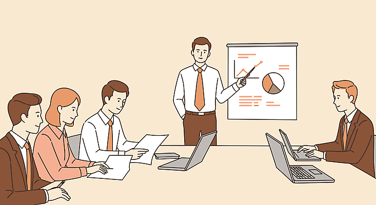 여자 남자 의자 일러스트 회사 비즈니스 들기 정장 여러명 성인 노트북 가리킴 타이핑 직장인 발표 프레젠테이션 문서 원그래프 지시봉 꺾은선그래프 살구색 성인만 국내일러스트 AI파일 직업 옷 컬러 가구 다수 모션 그래프 사람 손짓 전자제품 파일형식 벡터