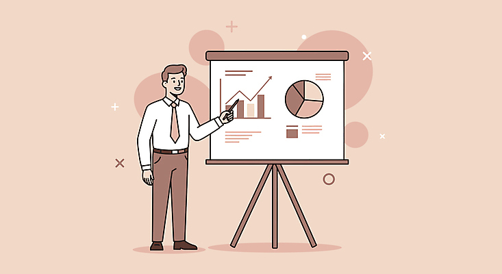 전신 남자 일러스트 회사 비즈니스 한명 들기 정장 성인 반짝임 가리킴 직장인 발표 프레젠테이션 막대그래프 원그래프 지시봉 꺾은선그래프 살구색 통계자료 성인남자한명만 국내일러스트 AI파일 직업 1 옷 컬러 모션 통계 그래프 사람 손짓 자료 남자한명만 성인남자만 파일형식 벡터