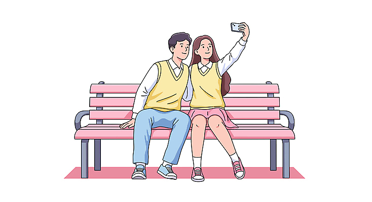 전신 커플 여자 남자 교복 분홍색 벤치 일러스트 청소년 미소 들기 두명 스마트폰 스쿨라이프 우정 셀프카메라 즐거움 십대만 국내일러스트 AI파일 라이프스타일 옷 감정 컬러 의자 학교 관계 모션 표정 사람 친구 핸드폰 스마트기기 사진촬영 파일형식 벡터