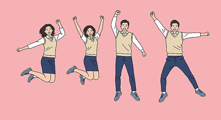 전신 여자 남자 교복 분홍색 일러스트 청소년 미소 여러명 스쿨라이프 점프 우정 만세 즐거움 활기 십대만 국내일러스트 AI파일 라이프스타일 옷 감정 컬러 다수 컨셉 학교 모션 표정 사람 친구 파일형식 벡터