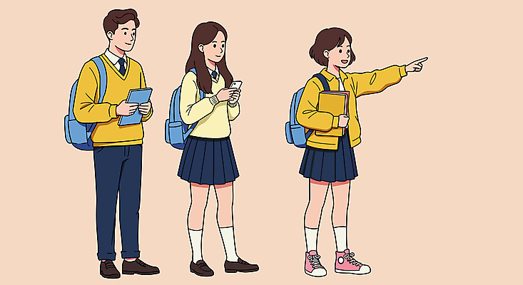전신 여자 남자 교복 일러스트 청소년 책가방 한명 미소 들기 책 세명 스마트폰 스쿨라이프 우정 가리킴 즐거움 하교 십대만 국내일러스트 AI파일 1 라이프스타일 옷 감정 가방 학교 모션 표정 사람 손짓 친구 핸드폰 스마트기기 등하교 파일형식 벡터