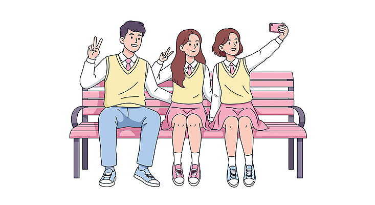 전신 여자 남자 교복 벤치 일러스트 청소년 미소 들기 세명 스쿨라이프 우정 셀프카메라 즐거움 브이 십대만 국내일러스트 AI파일 라이프스타일 옷 감정 의자 학교 모션 표정 사람 손짓 친구 사진촬영 파일형식 벡터