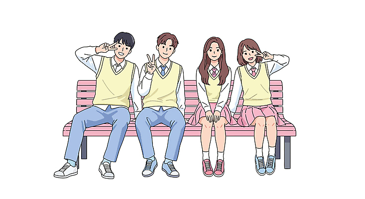 전신 여자 남자 교복 포즈 벤치 일러스트 청소년 미소 앉기 여러명 스쿨라이프 우정 즐거움 브이 십대만 국내일러스트 AI파일 라이프스타일 옷 감정 다수 의자 학교 모션 표정 사람 손짓 친구 파일형식 벡터