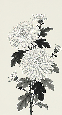 JPG 잎 일러스트 캘리그라피 국화 수묵화 사람없음 꽃봉오리 한국화 애도 추모 국내일러스트 AI일러스트 AI콘텐츠 식물 꽃 미술 동양화 파일형식