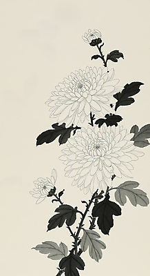 JPG 잎 일러스트 캘리그라피 국화 수묵화 사람없음 꽃봉오리 한국화 애도 추모 국내일러스트 AI일러스트 AI콘텐츠 식물 꽃 미술 동양화 파일형식