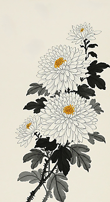 JPG 잎 일러스트 캘리그라피 국화 수묵화 사람없음 한국화 애도 추모 국내일러스트 AI일러스트 AI콘텐츠 식물 꽃 미술 동양화 파일형식