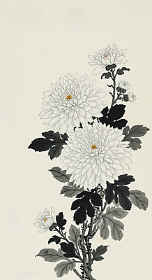 JPG 잎 일러스트 캘리그라피 국화 수묵화 사람없음 꽃봉오리 한국화 애도 추모 국내일러스트 AI일러스트 AI콘텐츠 식물 꽃 미술 동양화 파일형식