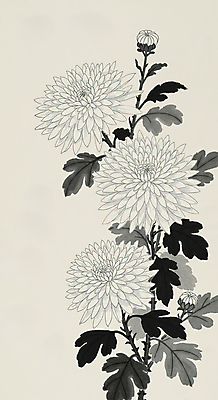 JPG 잎 일러스트 캘리그라피 국화 수묵화 사람없음 꽃봉오리 한국화 애도 추모 국내일러스트 AI일러스트 AI콘텐츠 식물 꽃 미술 동양화 파일형식