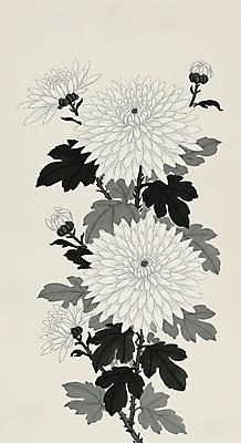 JPG 잎 일러스트 캘리그라피 국화 수묵화 사람없음 꽃봉오리 한국화 애도 추모 국내일러스트 AI일러스트 AI콘텐츠 식물 꽃 미술 동양화 파일형식