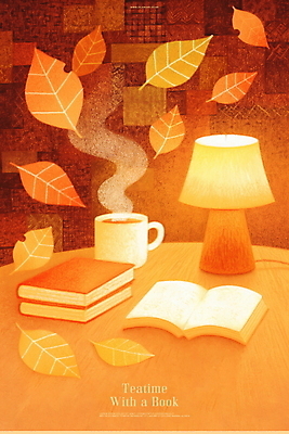 PSD 낙엽 일러스트 나뭇잎 따뜻함 사람없음 책 빛 독서 갈색 펼침 스탠드 커피잔 감성 따뜻한음료 국내일러스트 커피 음료 컬러 컨셉 잎 모션 조명 잔 파일형식