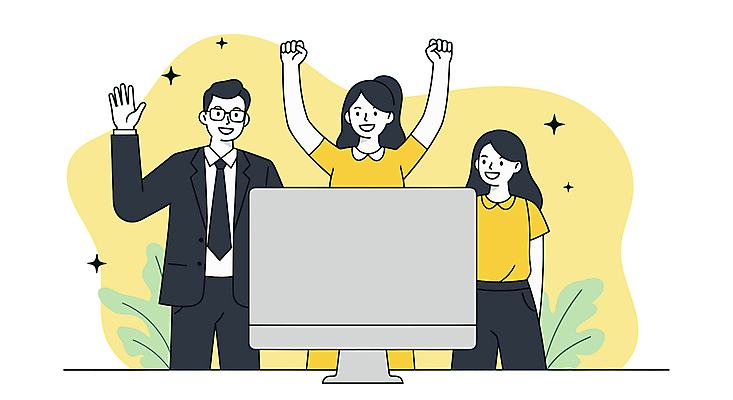 여자 남자 잎 일러스트 미소 정장 성인 세명 비즈니스라이프 반짝임 노란색 손들기 모니터 만세 성인만 안경낌 국내일러스트 AI파일 식물 라이프스타일 옷 안경 컬러 모션 표정 사람 컴퓨터 파일형식 벡터