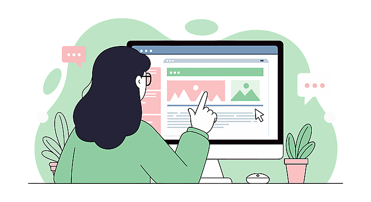 여자 화분 잎 일러스트 한명 상반신 성인 뒷모습 비즈니스라이프 모니터 가리킴 마우스 커서 인터넷창 성인여자한명만 안경낌 국내일러스트 AI파일 식물 1 라이프스타일 안경 뷰포인트 인터넷 사람 손짓 컴퓨터 컴퓨터용품 여자한명만 성인여자만 파일형식 벡터