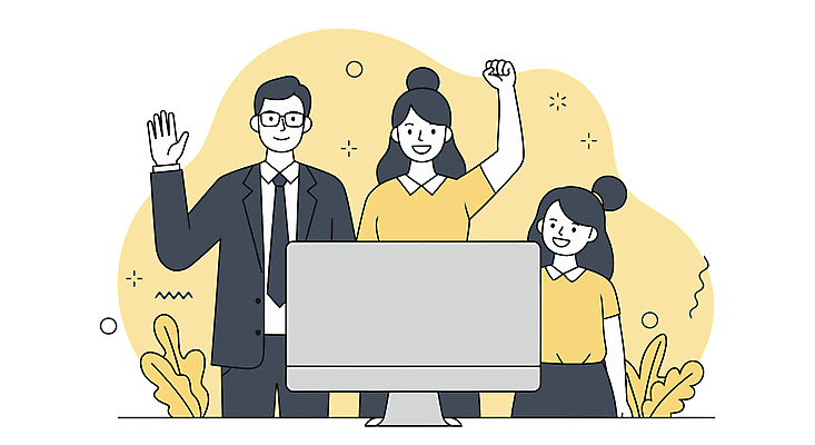 여자 남자 잎 일러스트 미소 정장 성인 세명 비즈니스라이프 노란색 손들기 모니터 성인만 안경낌 국내일러스트 AI파일 식물 라이프스타일 옷 안경 컬러 모션 표정 사람 컴퓨터 파일형식 벡터