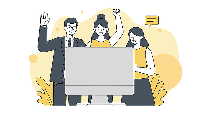 여자 남자 말풍선 잎 일러스트 미소 정장 성인 세명 비즈니스라이프 노란색 손들기 모니터 기쁨 성인만 안경낌 국내일러스트 AI파일 식물 라이프스타일 옷 감정 안경 컬러 모션 표정 사람 컴퓨터 파일형식 벡터