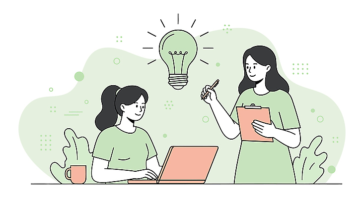 여자 일러스트 회사 전구 아이디어 미소 들기 앉기 성인 두명 컵 연두색 비즈니스라이프 타이핑 비즈니스우먼 서류판 성인여자만 국내일러스트 AI파일 라이프스타일 식기 컨셉 비즈니스 모션 표정 사람 초록색 사무용품 직장인 여자만 성인만 파일형식 벡터