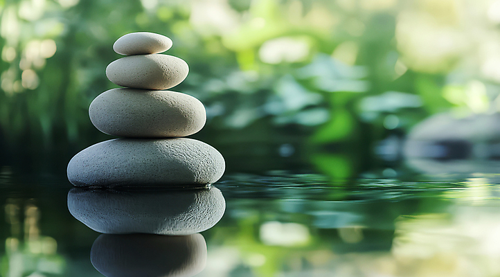 JPG 편집이미지 휴식 사람없음 초록색 햇빛 반사 평화 풀 수면 명상 보케 힐링 편집실사 젠 AI포토 AI콘텐츠 식물 컬러 컨셉 물 태양 쌓기 돌_바위 CG 파일형식