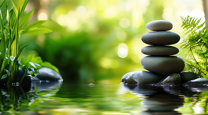 JPG 편집이미지 휴식 사람없음 초록색 햇빛 반사 평화 풀 수면 명상 보케 힐링 편집실사 젠 AI포토 AI콘텐츠 식물 컬러 컨셉 물 태양 쌓기 돌_바위 CG 파일형식