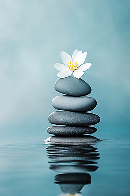 JPG 편집이미지 꽃 휴식 사람없음 파란색 반사 평화 수면 명상 힐링 편집실사 젠 AI포토 AI콘텐츠 식물 컬러 컨셉 물 쌓기 돌_바위 CG 파일형식