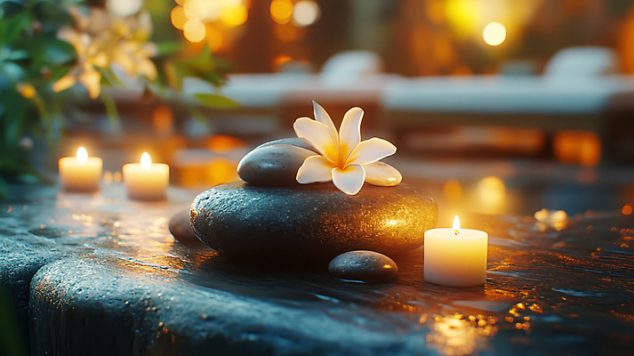 JPG 편집이미지 꽃 초 휴식 사람없음 평화 명상 보케 힐링 편집실사 젠 AI포토 AI콘텐츠 식물 컨셉 쌓기 돌_바위 CG 파일형식