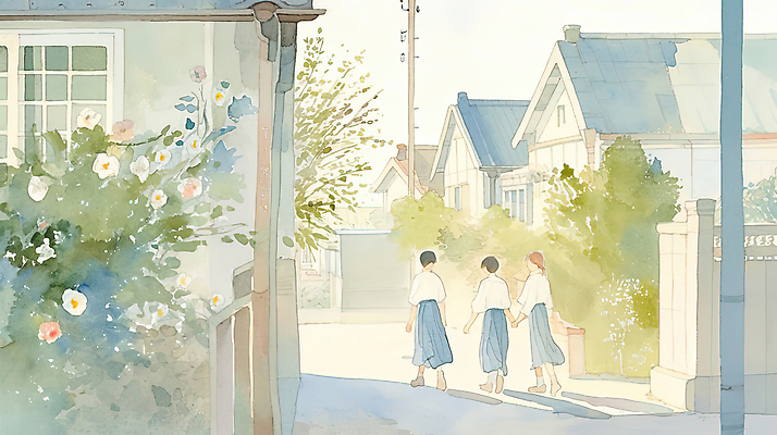 JPG 전신 학생 여자 꽃 교복 길 일러스트 청소년 수채화 주택 그림자 세명 친구 스쿨라이프 걷기 손잡기 풀 전봇대 감성 하교길 십대여자만 국내일러스트 AI일러스트 AI콘텐츠 식물 라이프스타일 옷 공공시설 컨셉 학교 관계 모션 사람 건물 하교 여자만 십대만 파일형식