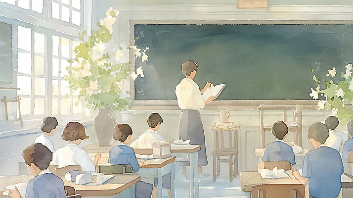 JPG 학생 여자 남자 교복 의자 일러스트 창문 교실 청소년 수업 수채화 들기 앉기 여러명 성인 스쿨라이프 꽃병 교사 칠판 풀잎 책상 교과서 감성 교탁 국내일러스트 AI일러스트 AI콘텐츠 직업 라이프스타일 옷 교육 꽃 가구 다수 컨셉 잎 학교 모션 교재 사람 풀_식물 파일형식