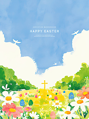 PSD 나무 꽃 기독교 십자가 일러스트 수채화 부활절 이벤트 잔디 초원 사람없음 초록색 파란색 계란 봄 풀 비둘기 부활절계란 감성 국내일러스트 식물 계절 기념일 종교 컬러 컨셉 조류 알 파일형식