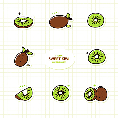 스티커 잎 일러스트 단면 키위 사람없음 세트 달콤 국내일러스트 AI파일 식물 과일 맛 파일형식 벡터
