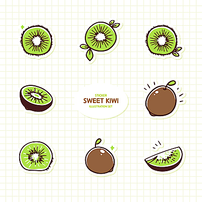 스티커 잎 일러스트 단면 키위 사람없음 세트 달콤 국내일러스트 AI파일 식물 과일 맛 파일형식 벡터