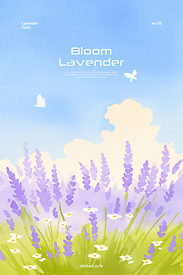 PSD 구름 나비 꽃밭 일러스트 여름꽃 하늘 풍경 사람없음 보라색 라벤더 국내일러스트 자연요소 꽃 컬러 곤충 허브 파일형식 여름_계절