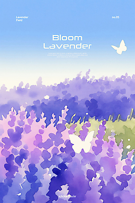 PSD 나비 꽃밭 일러스트 여름꽃 하늘 풍경 사람없음 보라색 라벤더 국내일러스트 꽃 컬러 곤충 허브 파일형식 여름_계절