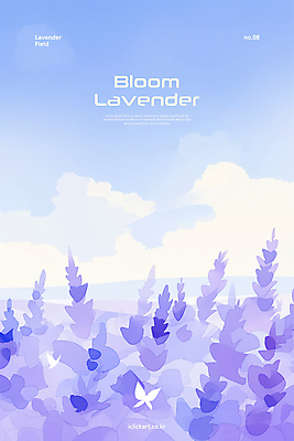PSD 구름 나비 꽃밭 일러스트 여름꽃 하늘 풍경 사람없음 보라색 라벤더 국내일러스트 자연요소 꽃 컬러 곤충 허브 파일형식 여름_계절