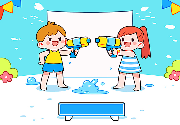 전신 여자 남자 허리손 하늘색 일러스트 물놀이 미소 들기 소녀 소년 두명 여름 웅덩이 가랜드 물총 어린이만 카피스페이스 국내일러스트 AI파일 계절 어린이 포즈 모션 놀이 표정 사람 파란색 공백 파티용품 파일형식 벡터