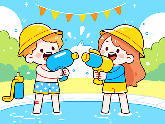 전신 여자 남자 하늘색 일러스트 수영장 미소 들기 소녀 소년 두명 여름 풀 물통 가랜드 물총 어린이만 국내일러스트 AI파일 식물 계절 어린이 모션 표정 사람 파란색 파티용품 파일형식 벡터