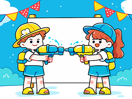 전신 구름 여자 남자 하늘색 가방 일러스트 슬리퍼 미소 들기 소녀 소년 두명 여름 풀 물통 가랜드 물총 캡모자 어린이만 국내일러스트 AI파일 자연요소 식물 모자_잡화 잡화 계절 어린이 신발 모션 표정 사람 파란색 파티용품 파일형식 벡터