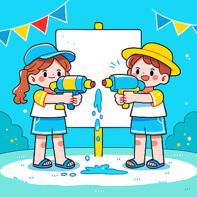 전신 여자 남자 하늘색 일러스트 미소 들기 소녀 소년 잔디 두명 여름 팻말 풀 가랜드 물총 챙모자 캡모자 어린이만 국내일러스트 AI파일 식물 모자_잡화 계절 어린이 모션 프레임 표정 사람 파란색 파티용품 파일형식 벡터