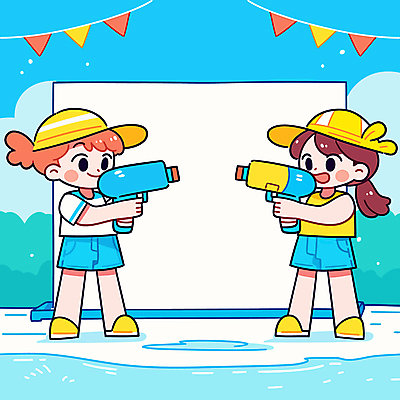 전신 여자 행복 어린이 하늘색 일러스트 미소 들기 소녀 두명 여름 풀 웅덩이 가랜드 물총 캡모자 어린이만 소녀만 국내일러스트 AI파일 식물 모자_잡화 계절 감정 모션 표정 사람 파란색 파티용품 여자만 파일형식 벡터