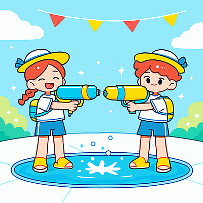 전신 여자 남자 하늘색 가방 일러스트 미소 들기 소녀 소년 두명 여름 반짝임 물통 즐거움 튀는물 웅덩이 가랜드 물총 챙모자 어린이만 국내일러스트 AI파일 모자_잡화 잡화 계절 감정 어린이 모션 표정 사람 파란색 파티용품 액체표현 스플래쉬 파일형식 벡터