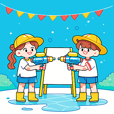 전신 여자 남자 하늘색 일러스트 장화 미소 들기 소녀 소년 두명 여름 풀 웅덩이 가랜드 물총 입간판 챙모자 캡모자 어린이만 국내일러스트 AI파일 식물 모자_잡화 계절 어린이 신발 모션 간판 표정 사람 파란색 파티용품 파일형식 벡터