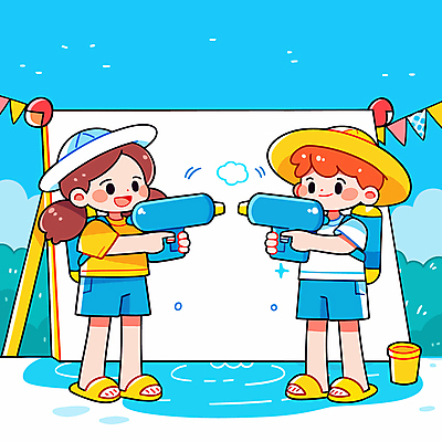 전신 구름 여자 남자 하늘색 가방 일러스트 미소 들기 소녀 소년 두명 여름 풀 물통 웅덩이 물총 챙모자 어린이만 국내일러스트 AI파일 자연요소 식물 모자_잡화 잡화 계절 어린이 모션 표정 사람 파란색 파일형식 벡터